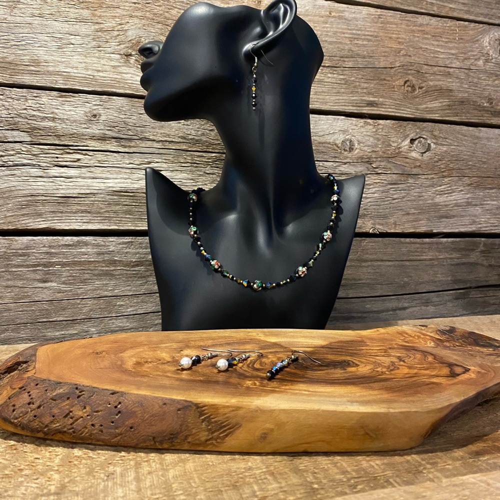 Irridescent Glass Bead Necklace and 2 Pair of Matching Earrings